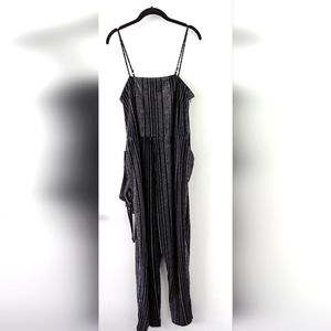 Jumpsuit Black, belted, striped, spaghetti strap adjustable, Sz XLP, black white